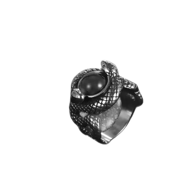 Vintage Double Snake Men's Ring with Zircon Mosaic in Titanium Steel | Retro Men's Jewelry