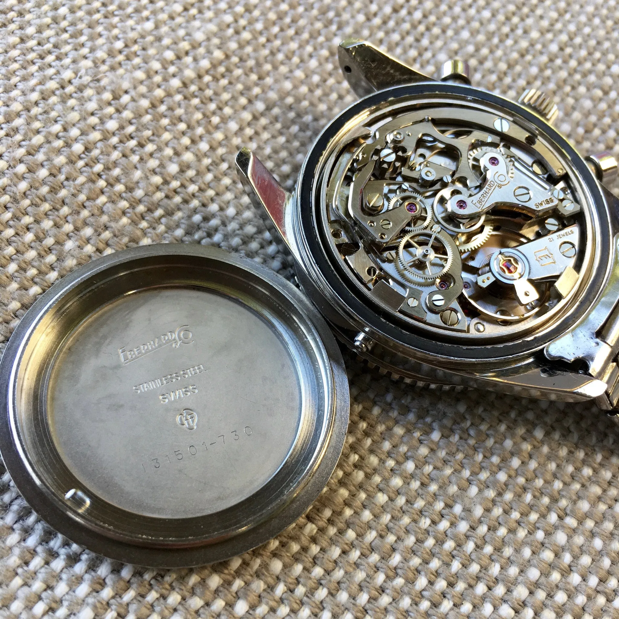 Vintage Eberhard & Co. Contograf Steel Chronograph Gilt Roulette Date Wristwatch