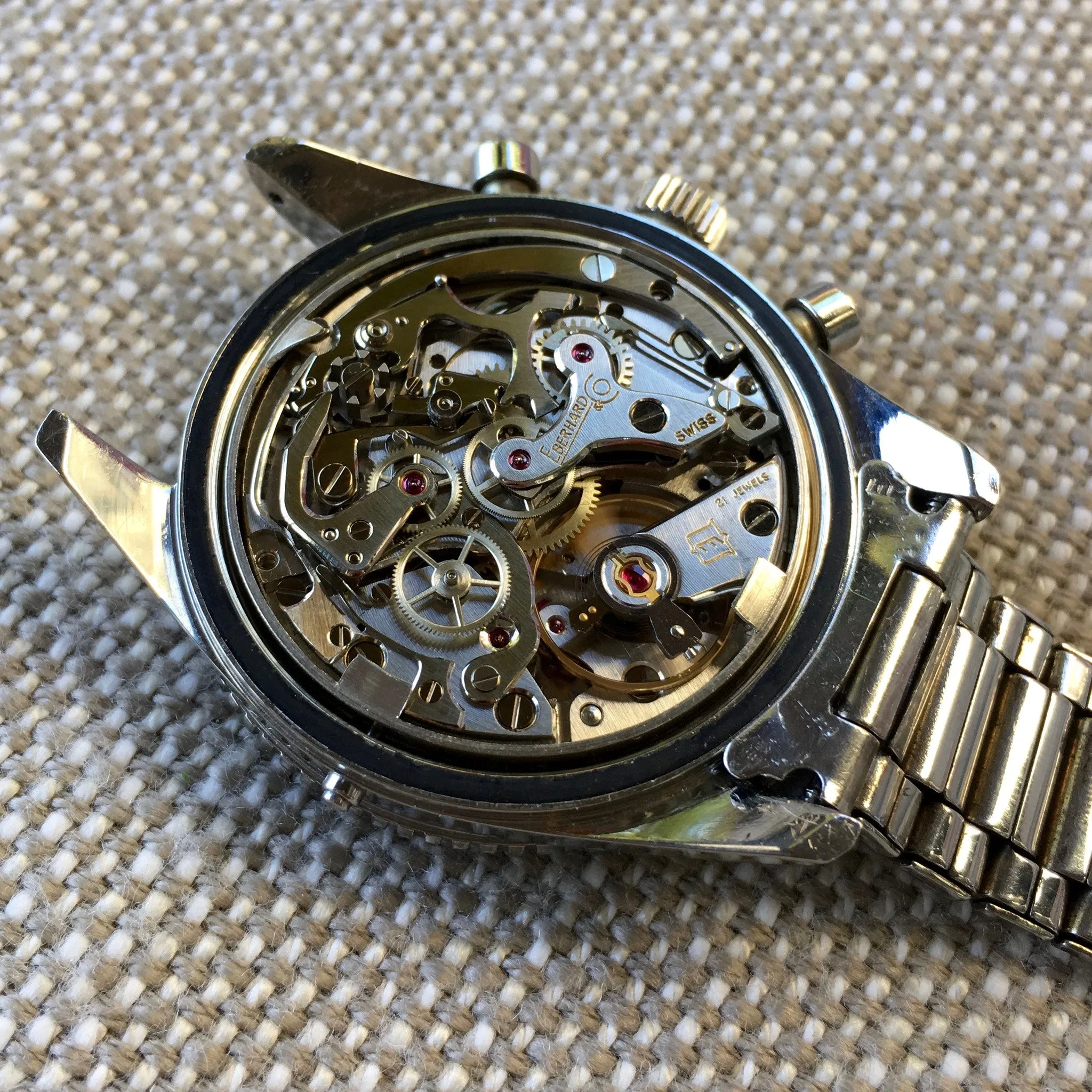 Vintage Eberhard & Co. Contograf Steel Chronograph Gilt Roulette Date Wristwatch