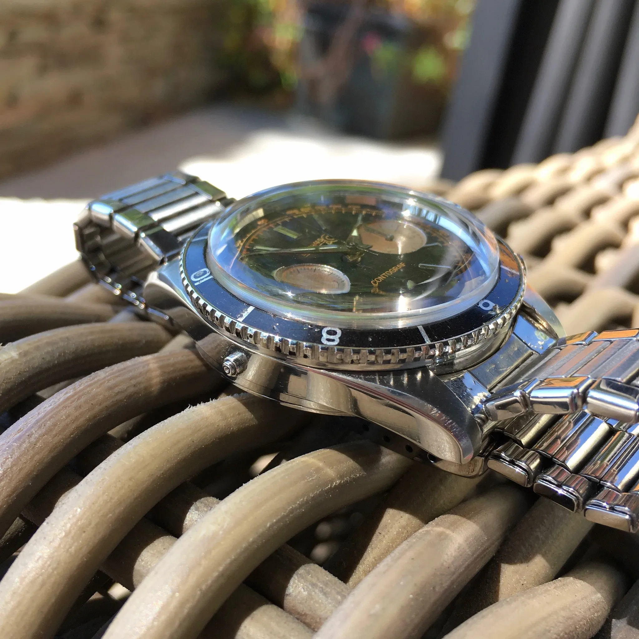 Vintage Eberhard & Co. Contograf Steel Chronograph Gilt Roulette Date Wristwatch