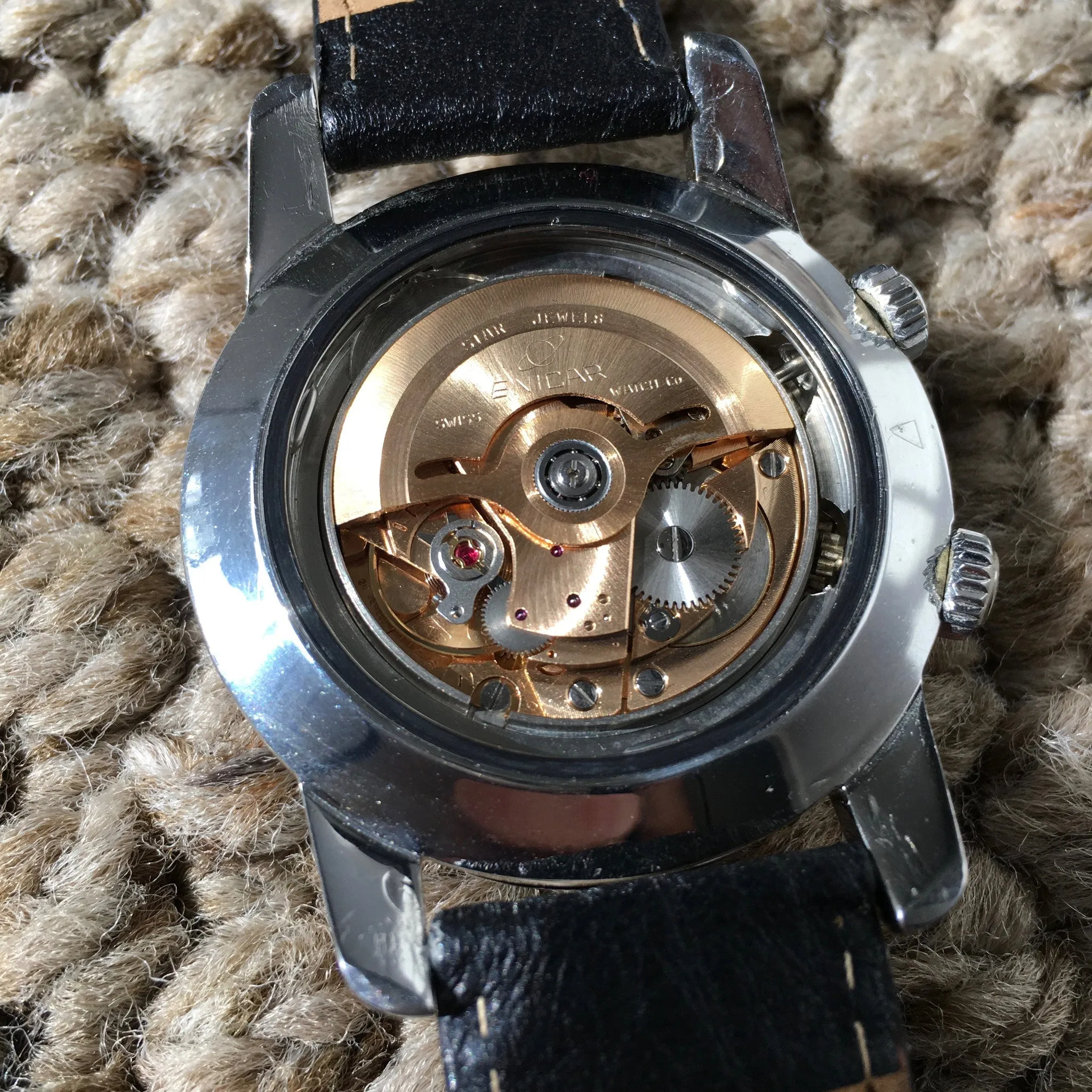 Vintage Enicar Sherpa Guide 600 Silver GMT Automatic Steel Wristwatch 48mm