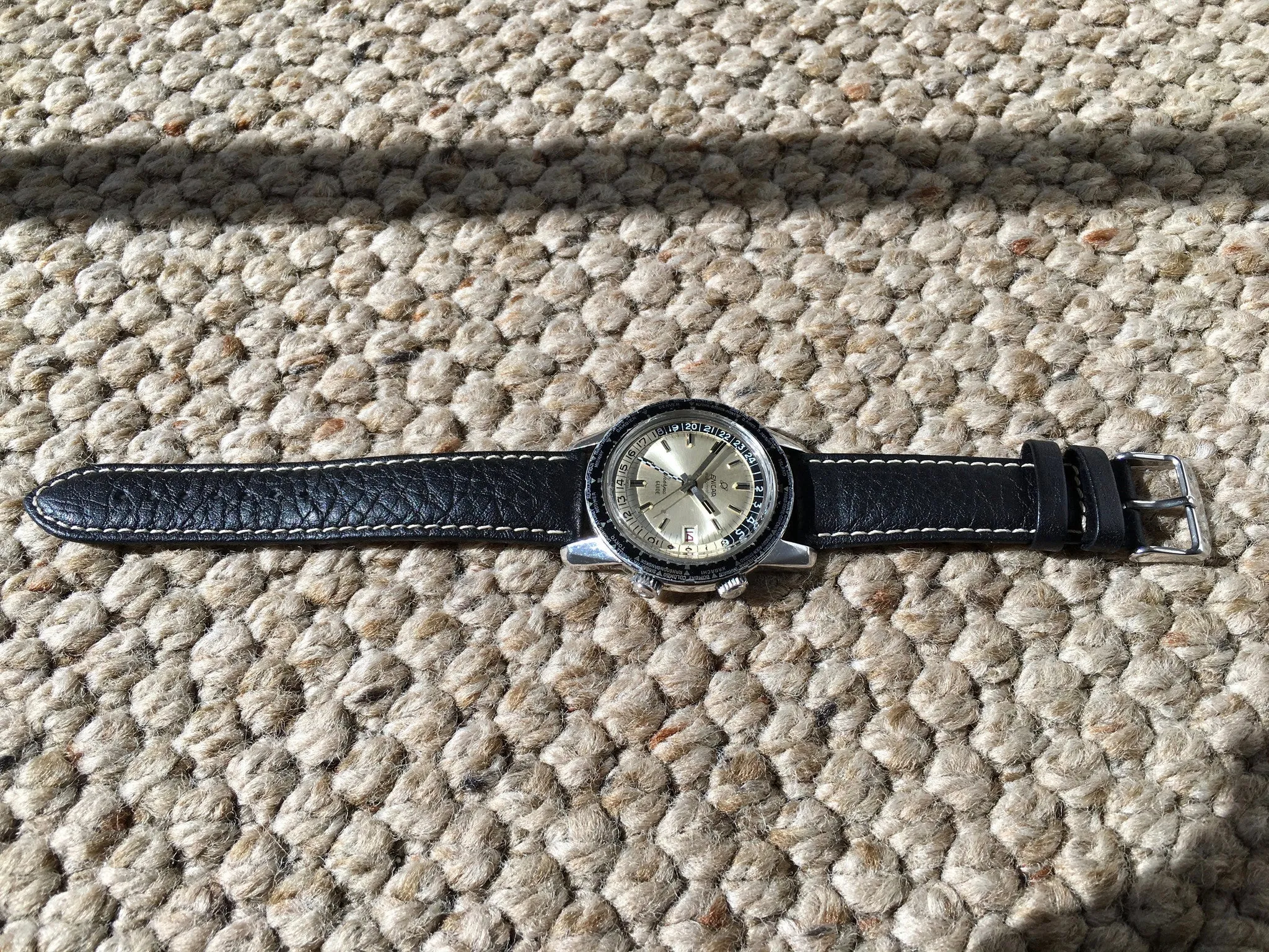 Vintage Enicar Sherpa Guide 600 Silver GMT Automatic Steel Wristwatch 48mm