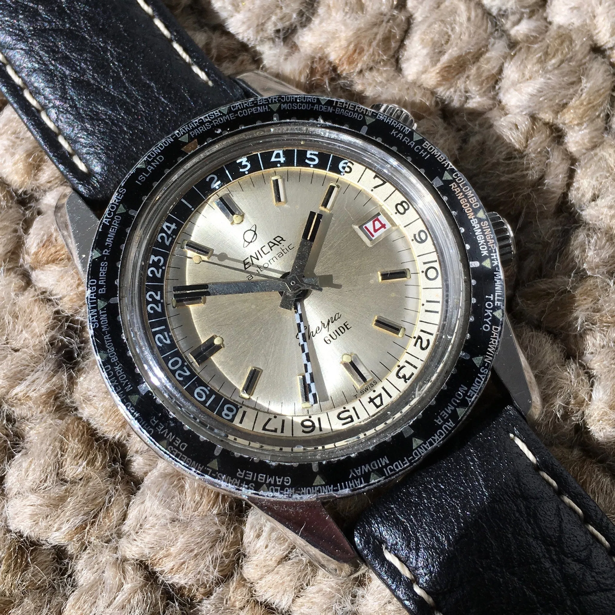Vintage Enicar Sherpa Guide 600 Silver GMT Automatic Steel Wristwatch 48mm