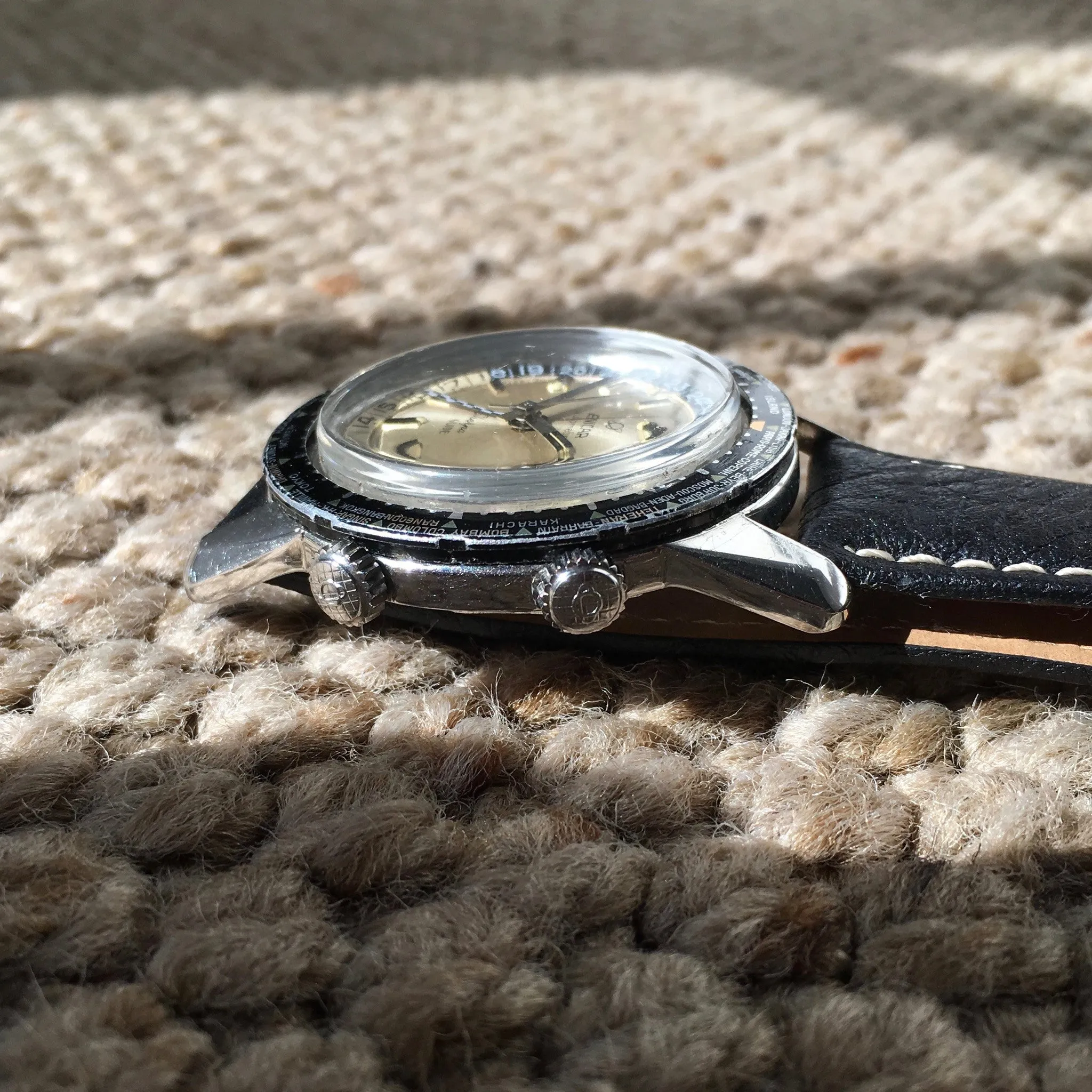 Vintage Enicar Sherpa Guide 600 Silver GMT Automatic Steel Wristwatch 48mm