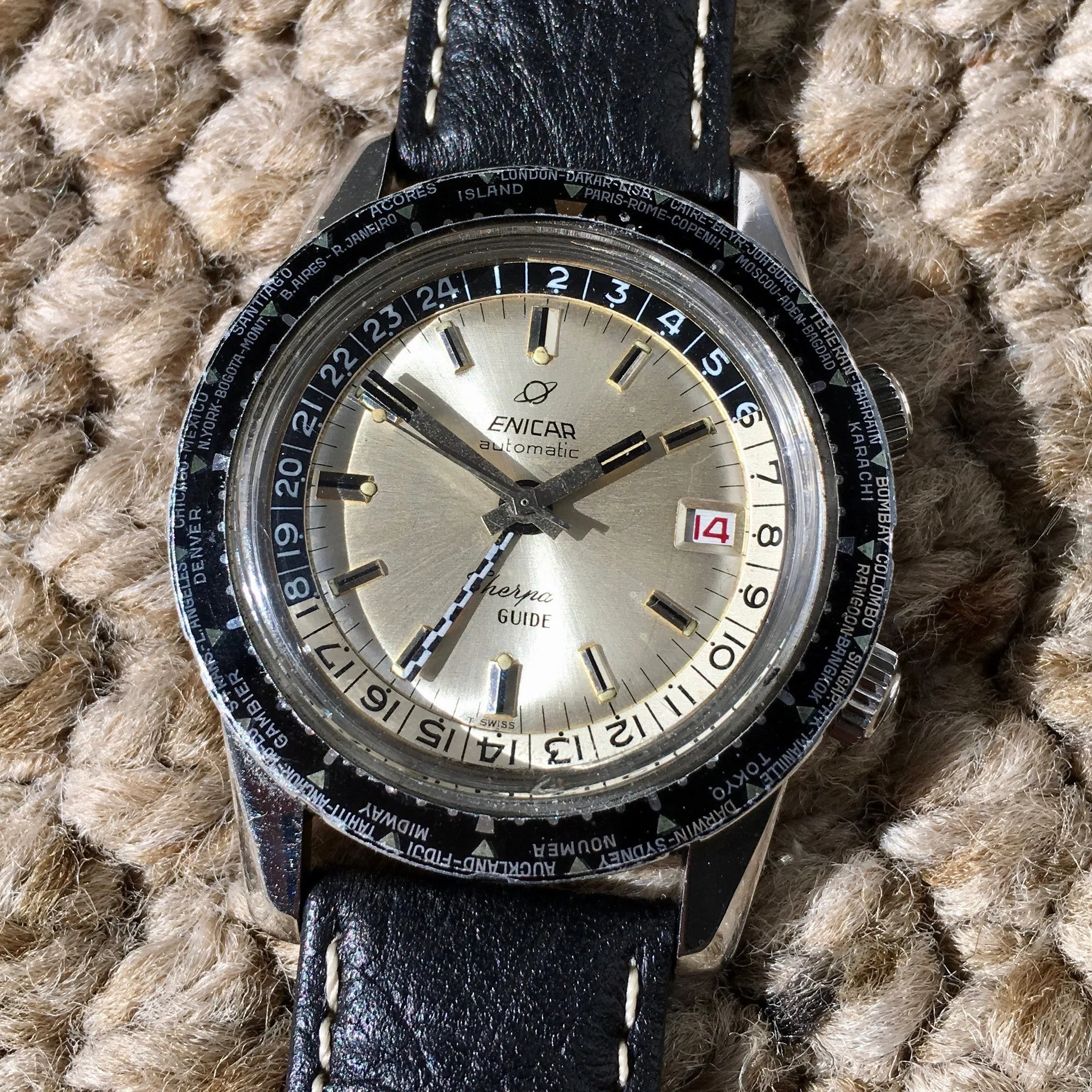 Vintage Enicar Sherpa Guide 600 Silver GMT Automatic Steel Wristwatch 48mm