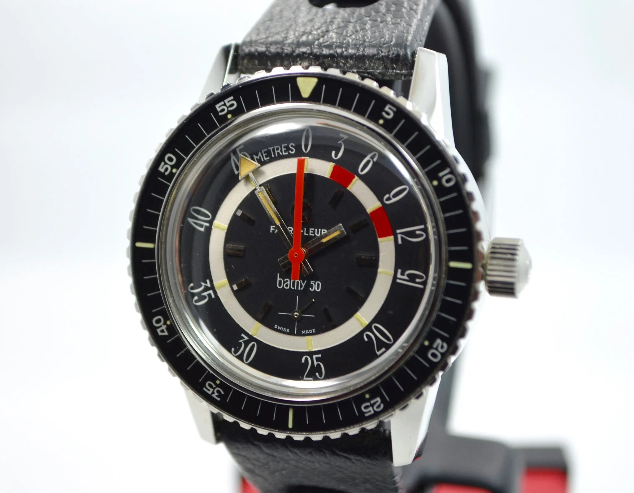 Vintage Favre Leuba Bathy 50 Steel 53243 Black Depth Gauge Divers Wristwatch MINT!