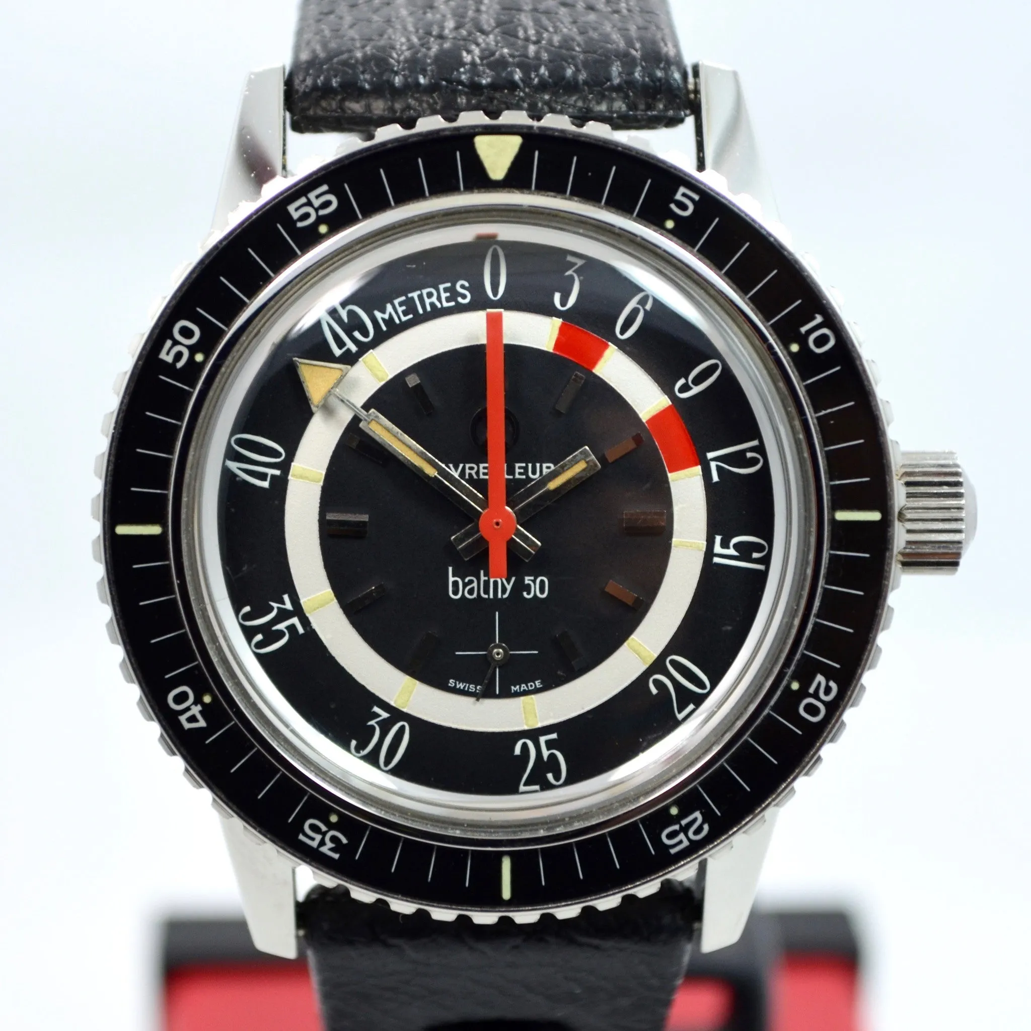 Vintage Favre Leuba Bathy 50 Steel 53243 Black Depth Gauge Divers Wristwatch MINT!