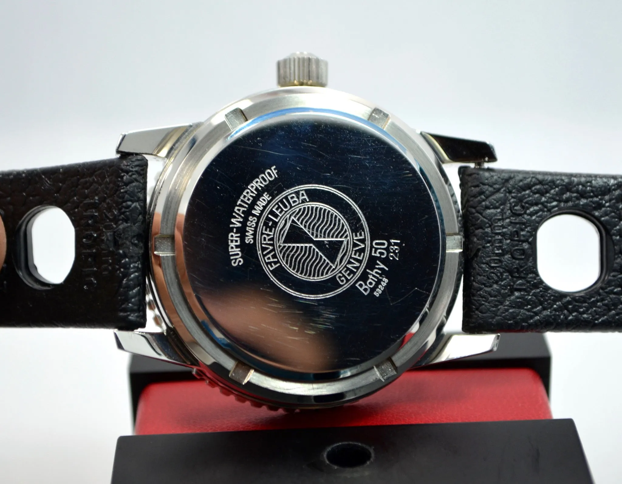 Vintage Favre Leuba Bathy 50 Steel 53243 Black Depth Gauge Divers Wristwatch MINT!
