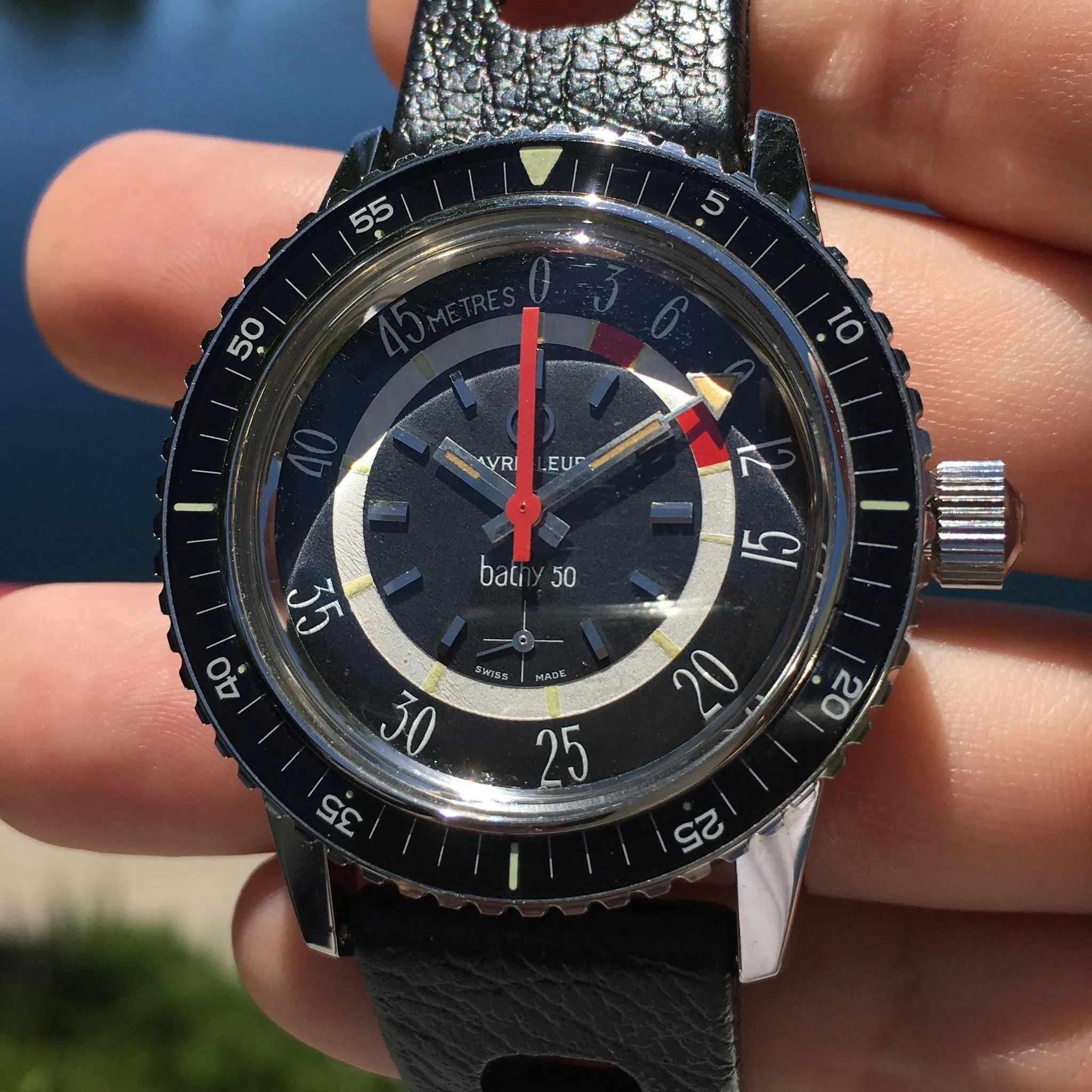 Vintage Favre Leuba Bathy 50 Steel 53243 Black Depth Gauge Divers Wristwatch MINT!
