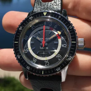 Vintage Favre Leuba Bathy 50 Steel 53243 Black Depth Gauge Divers Wristwatch MINT!