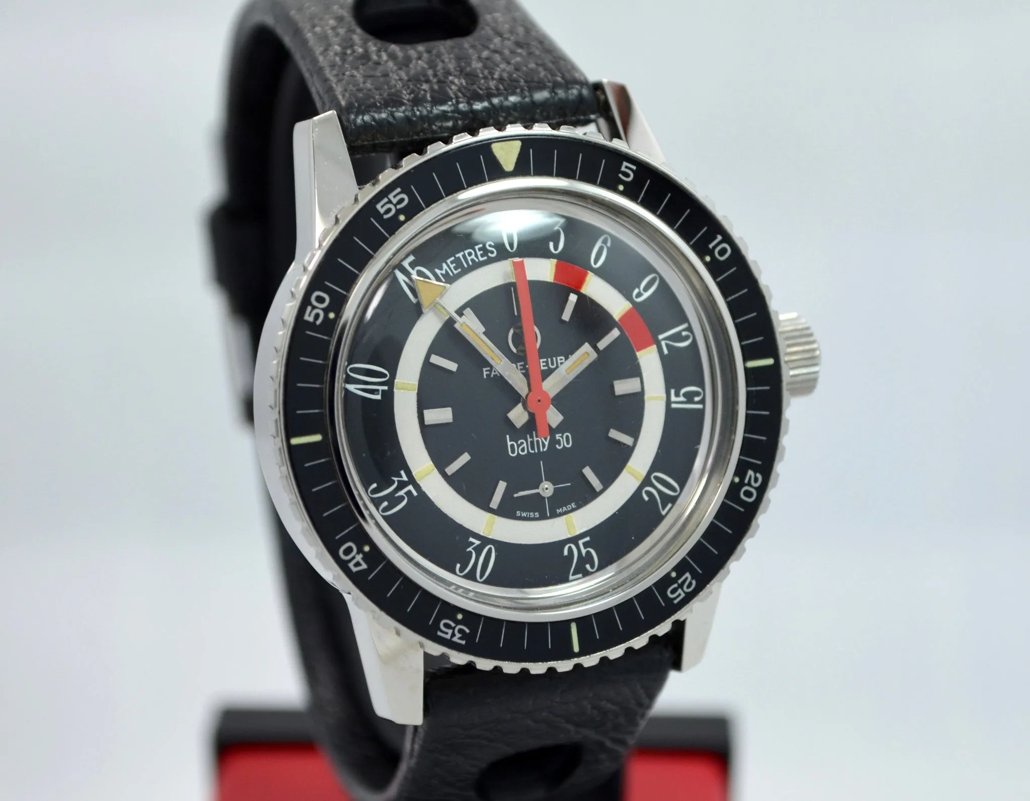 Vintage Favre Leuba Bathy 50 Steel 53243 Black Depth Gauge Divers Wristwatch MINT!