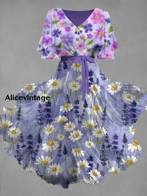 Vintage Floral Art Print Chic V-Neck Short Sleeve Midi Dress