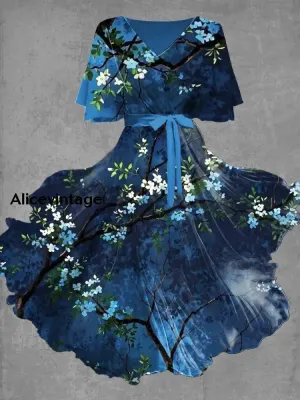 Vintage Floral Art Print Chic V-Neck Short Sleeve Midi Dress