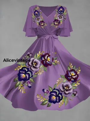 Vintage Floral Art Print Chic V-Neck Short Sleeve Midi Dress