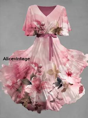 Vintage Floral Art Print Chic V-Neck Short Sleeve Midi Dress
