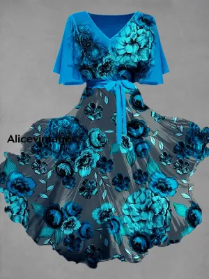 Vintage Floral Art Print Chic V-Neck Short Sleeve Midi Dress