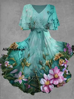 Vintage Floral Art Print Chic V-Neck Short Sleeve Midi Dress