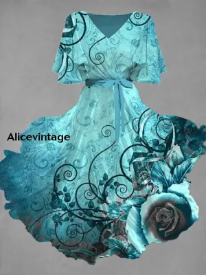 Vintage Floral Art Print Chic V-Neck Short Sleeve Midi Dress
