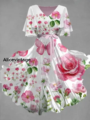 Vintage Floral Art Print Chic V-Neck Short Sleeve Midi Dress
