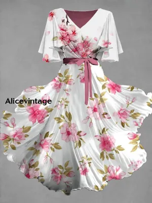 Vintage Floral Art Print Chic V-Neck Short Sleeve Midi Dress