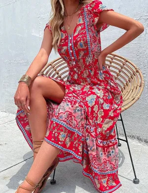 Vintage Floral Boho Midi Dress: Short Sleeves, V Neck, A-Line - Perfect for Bohemian Summer Beach Vibes!