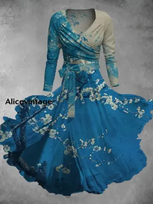 Vintage Floral Print V-Neck Elegant Chic Midi Two-Piece Long Sleeve Dress