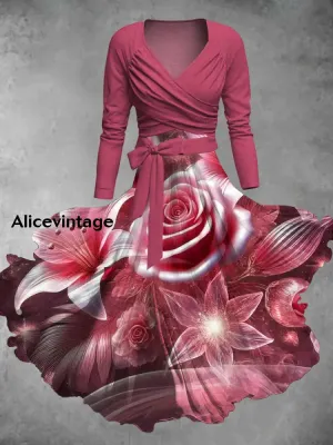 Vintage Floral Print V-Neck Elegant Chic Midi Two-Piece Long Sleeve Dress