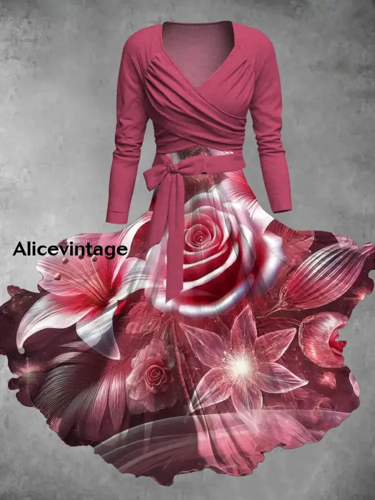 Vintage Floral Print V-Neck Elegant Chic Midi Two-Piece Long Sleeve Dress