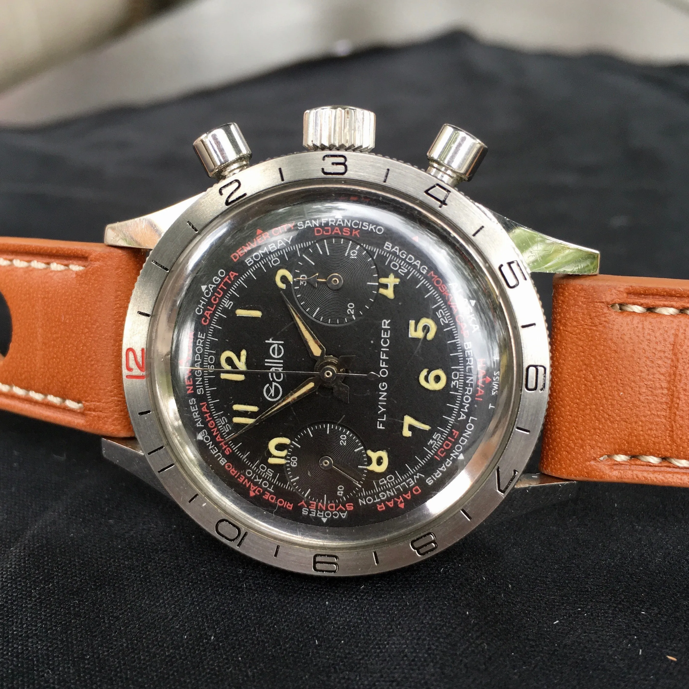 Vintage Gallet Flying Officer Chronograph Landeron Caliber 149 Steel Wristwatch Circa 1970's 3rd Gen.