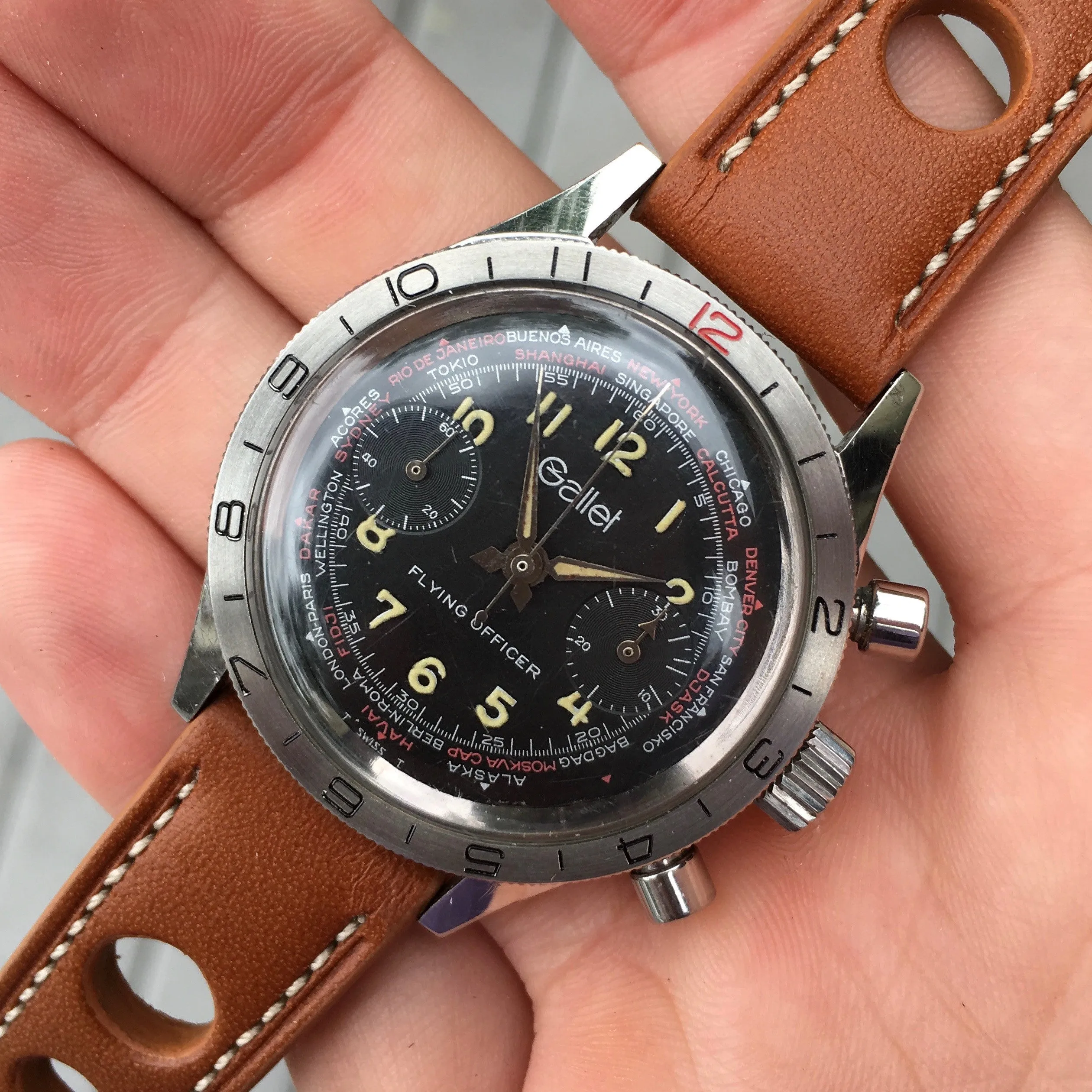 Vintage Gallet Flying Officer Chronograph Landeron Caliber 149 Steel Wristwatch Circa 1970's 3rd Gen.