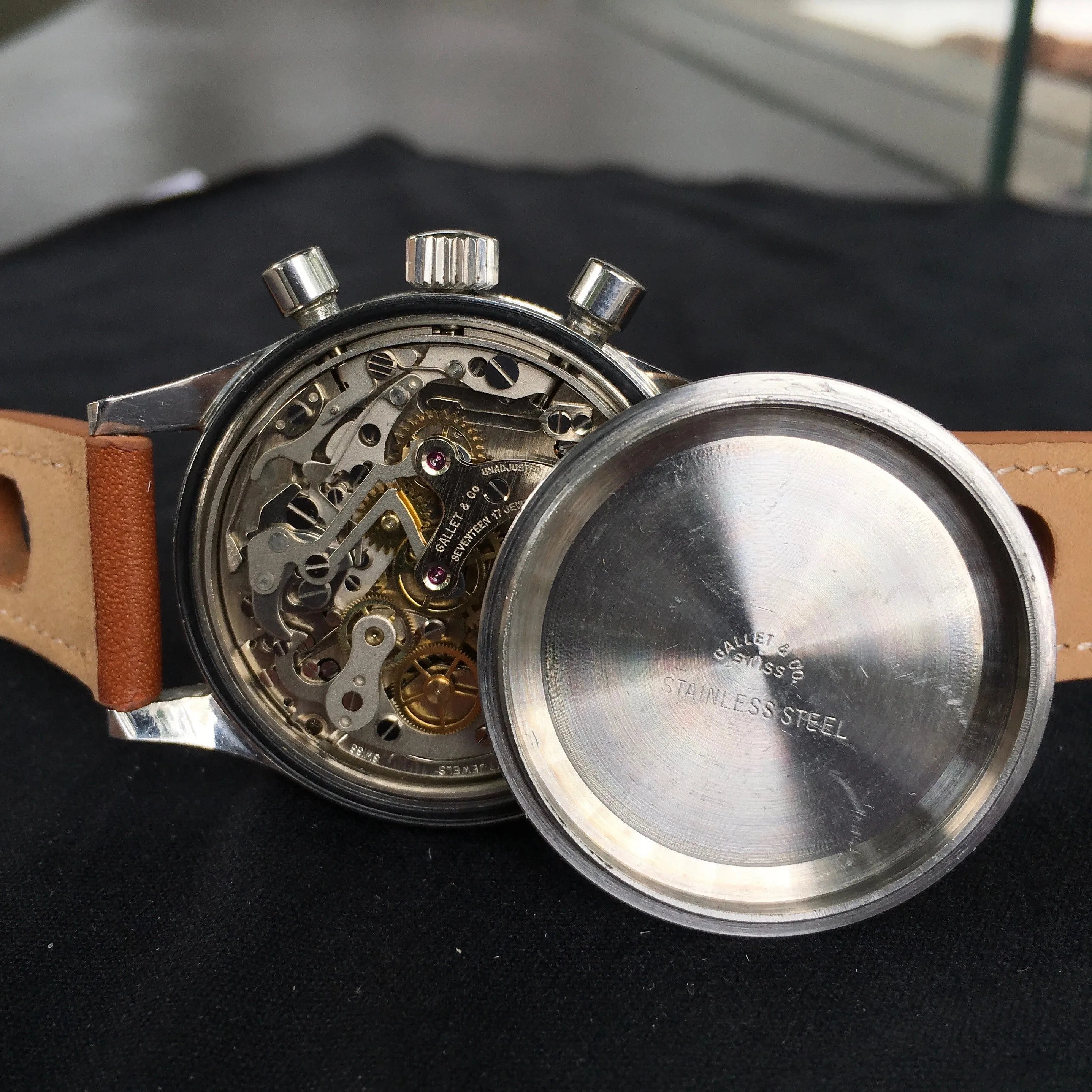 Vintage Gallet Flying Officer Chronograph Landeron Caliber 149 Steel Wristwatch Circa 1970's 3rd Gen.