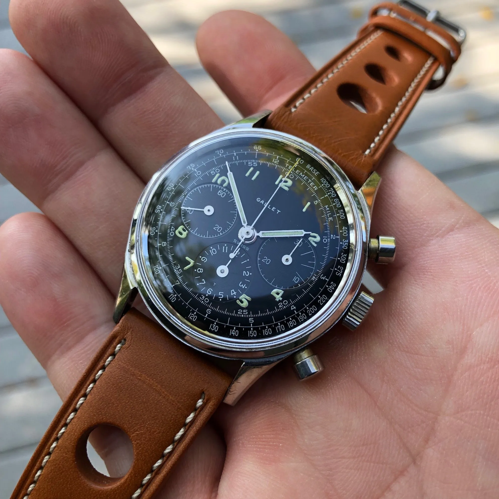 Vintage Gallet Multichron Jim Clark Excelsior Park 40 Steel Chronograph Wristwatch
