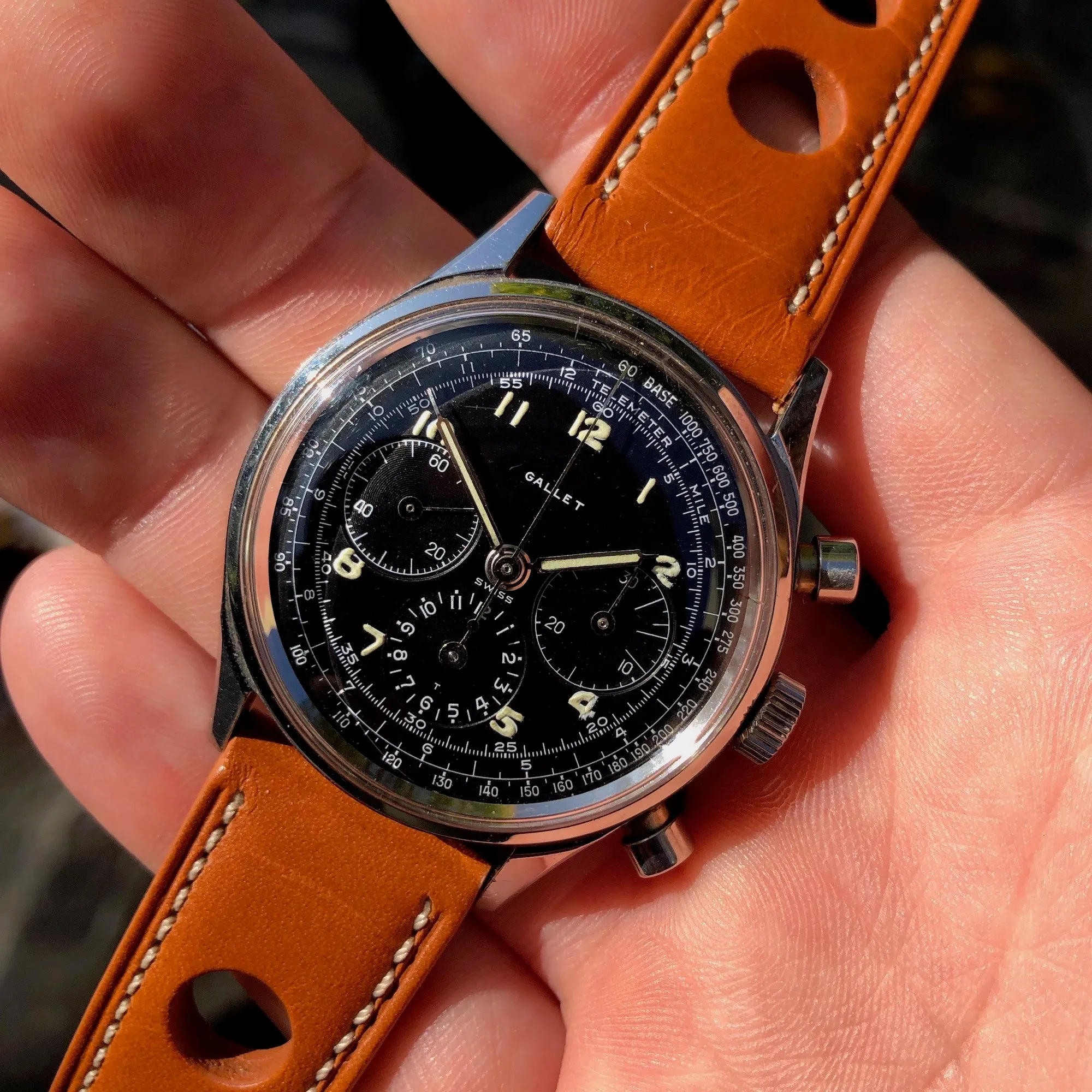 Vintage Gallet Multichron Jim Clark Excelsior Park 40 Steel Chronograph Wristwatch