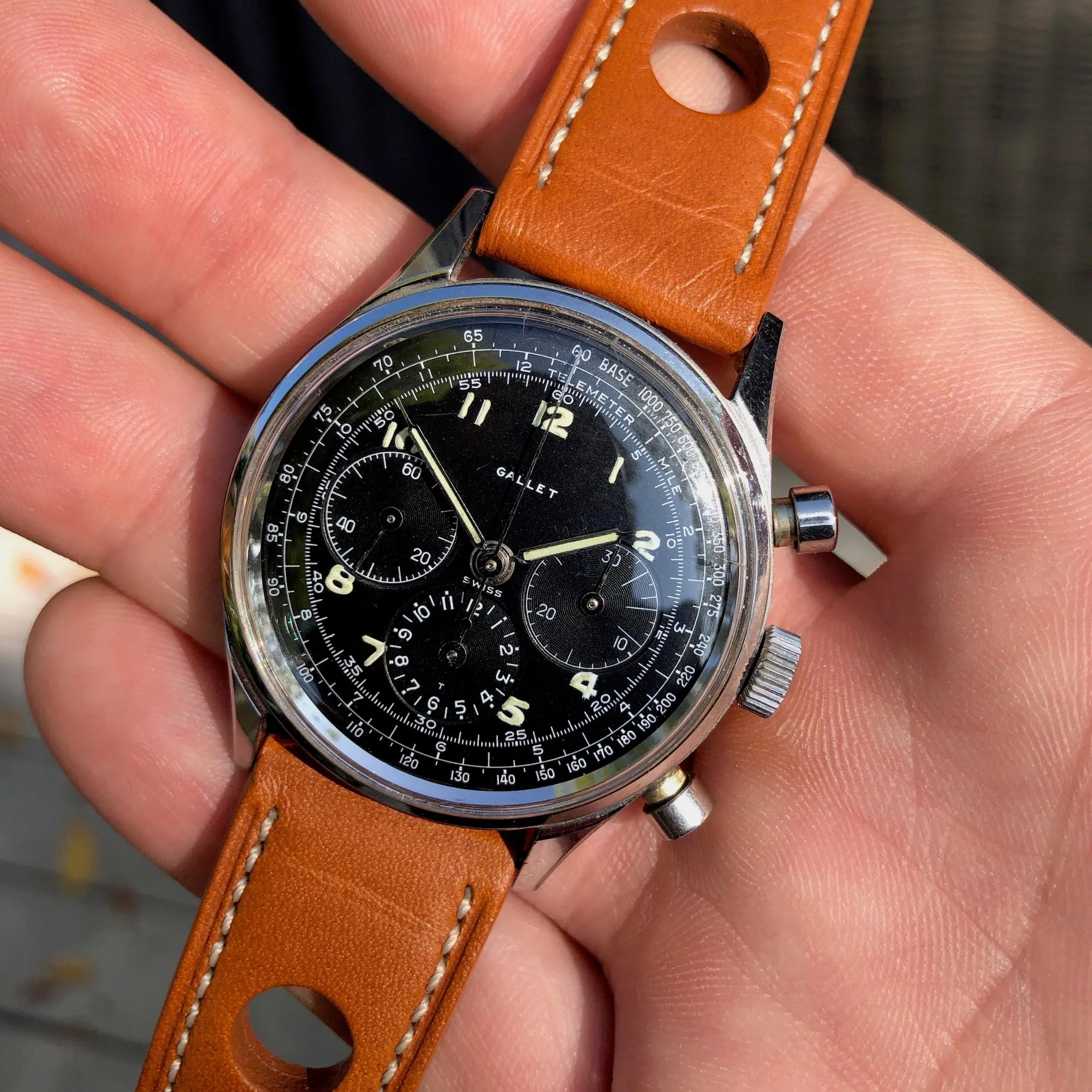Vintage Gallet Multichron Jim Clark Excelsior Park 40 Steel Chronograph Wristwatch