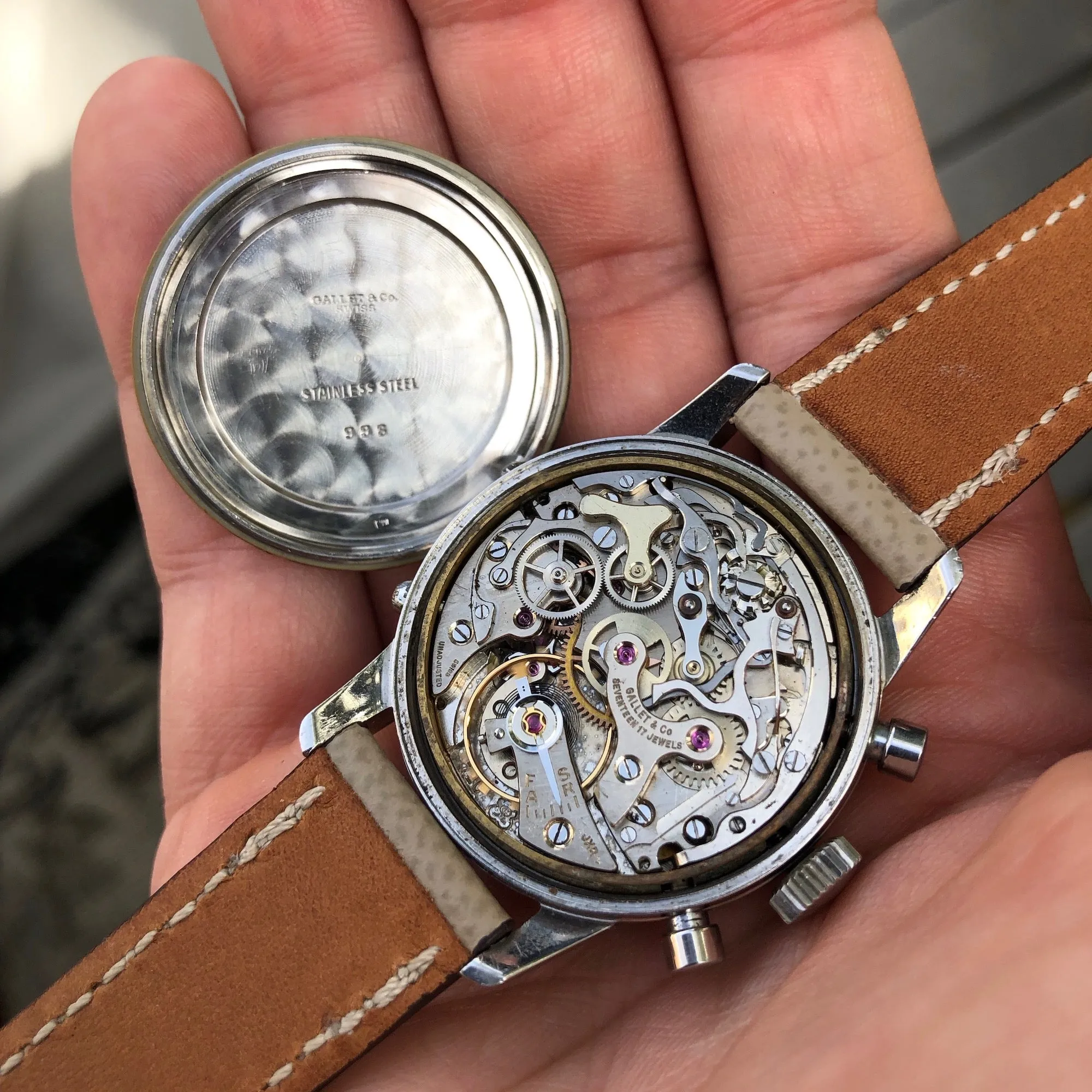 Vintage Gallet Multichron Steel Triple Date Chronograph 998 Valjoux 72 Manual Wind Wristwatch
