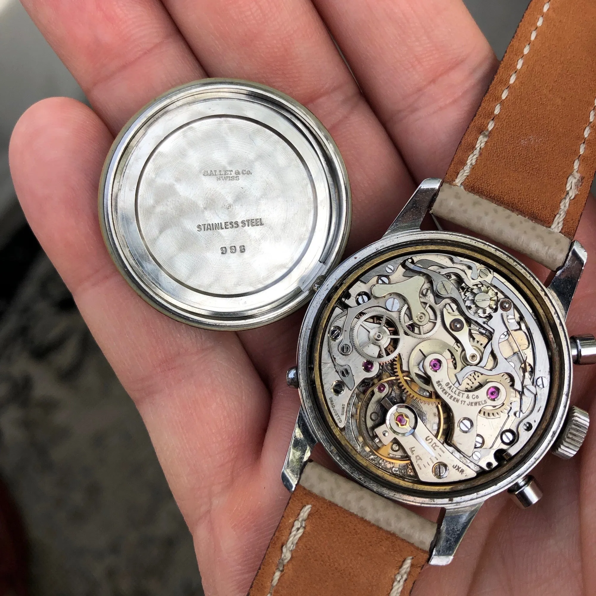 Vintage Gallet Multichron Steel Triple Date Chronograph 998 Valjoux 72 Manual Wind Wristwatch