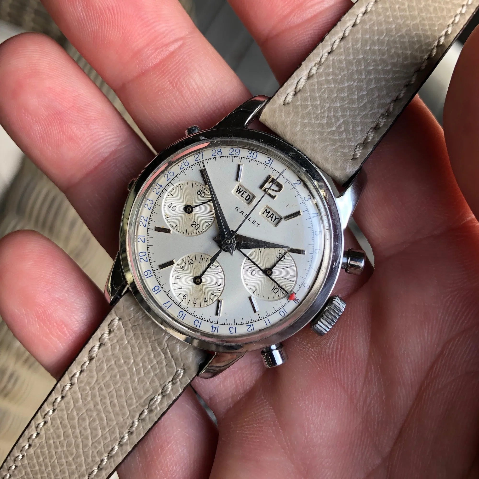 Vintage Gallet Multichron Steel Triple Date Chronograph 998 Valjoux 72 Manual Wind Wristwatch