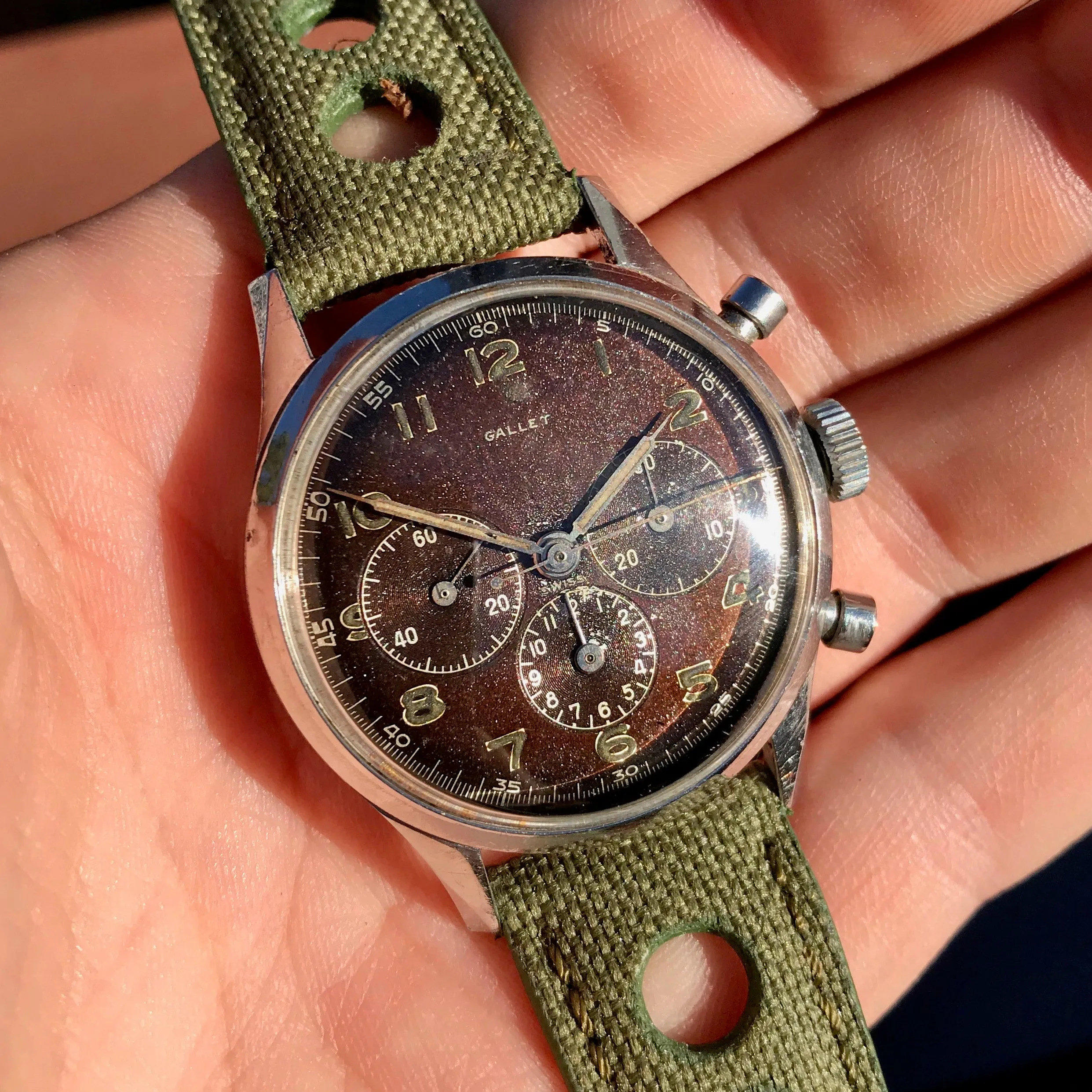Vintage Gallet Stainless Steel Pre Jim Clark Excelsior Park Chronograph Tropical Wristwatch