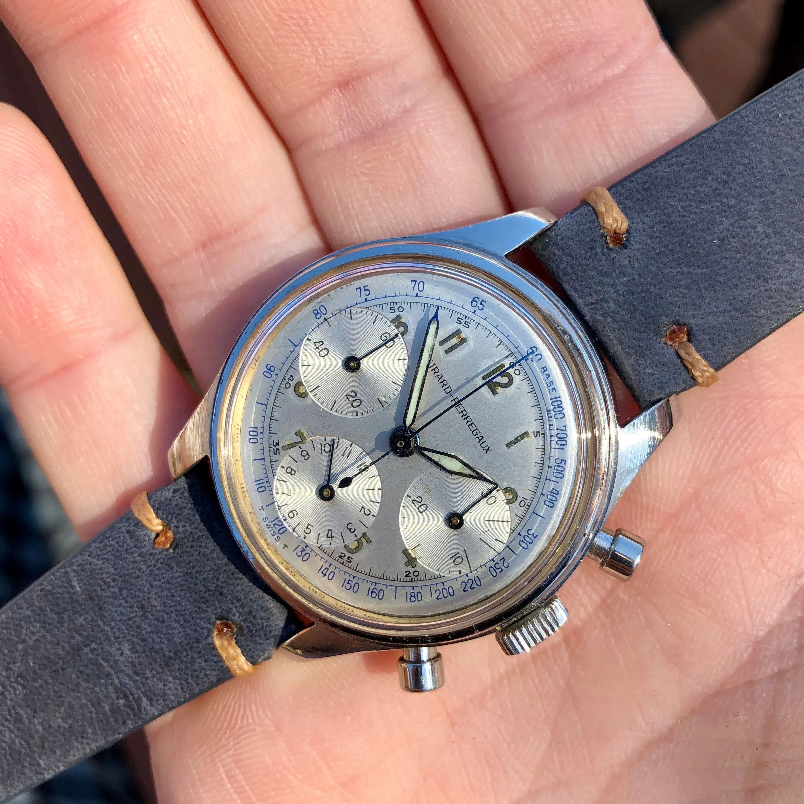 Vintage Girard Perregaux Steel Valjoux 72 Chronograph Silver Dial Wristwatch 1960s