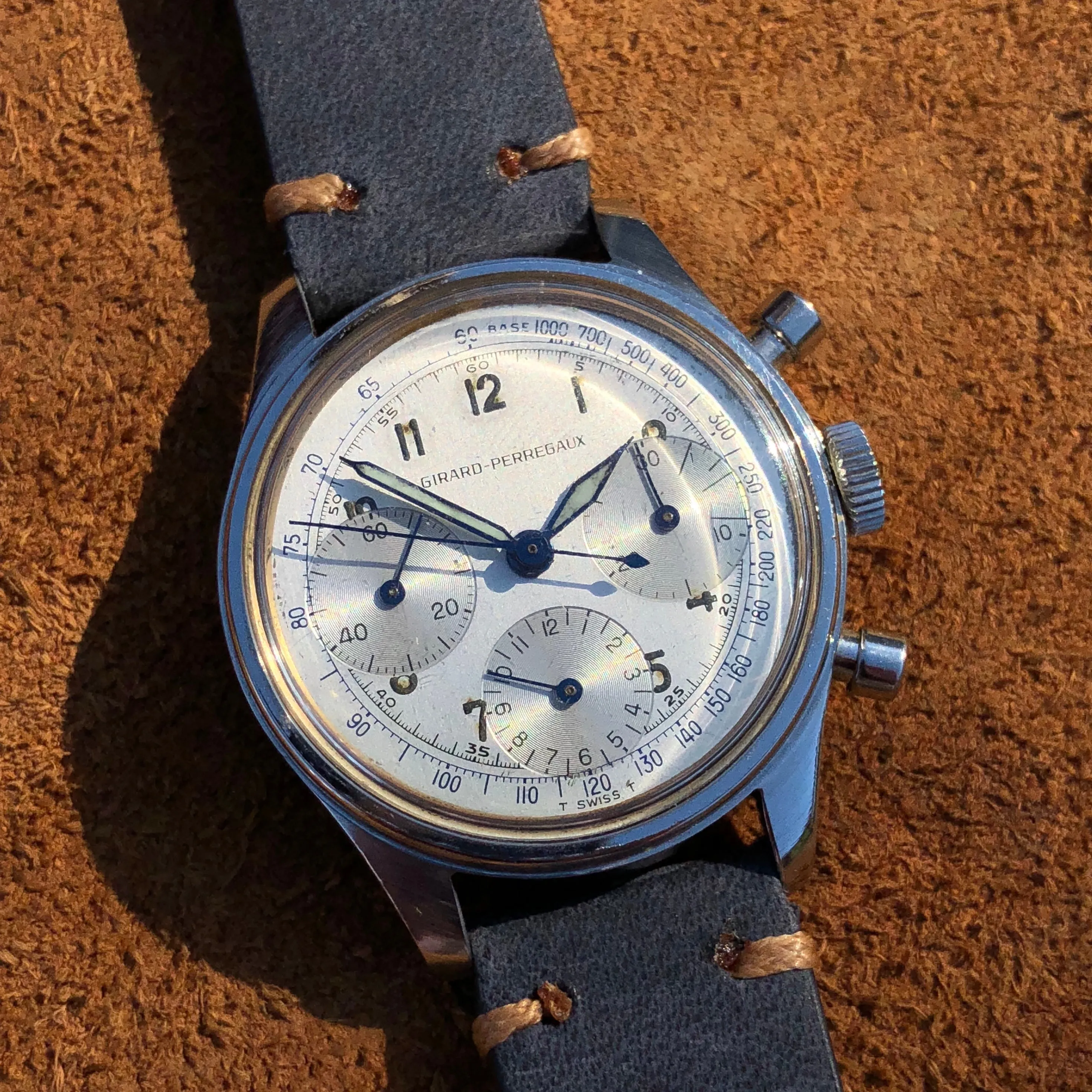 Vintage Girard Perregaux Steel Valjoux 72 Chronograph Silver Dial Wristwatch 1960s