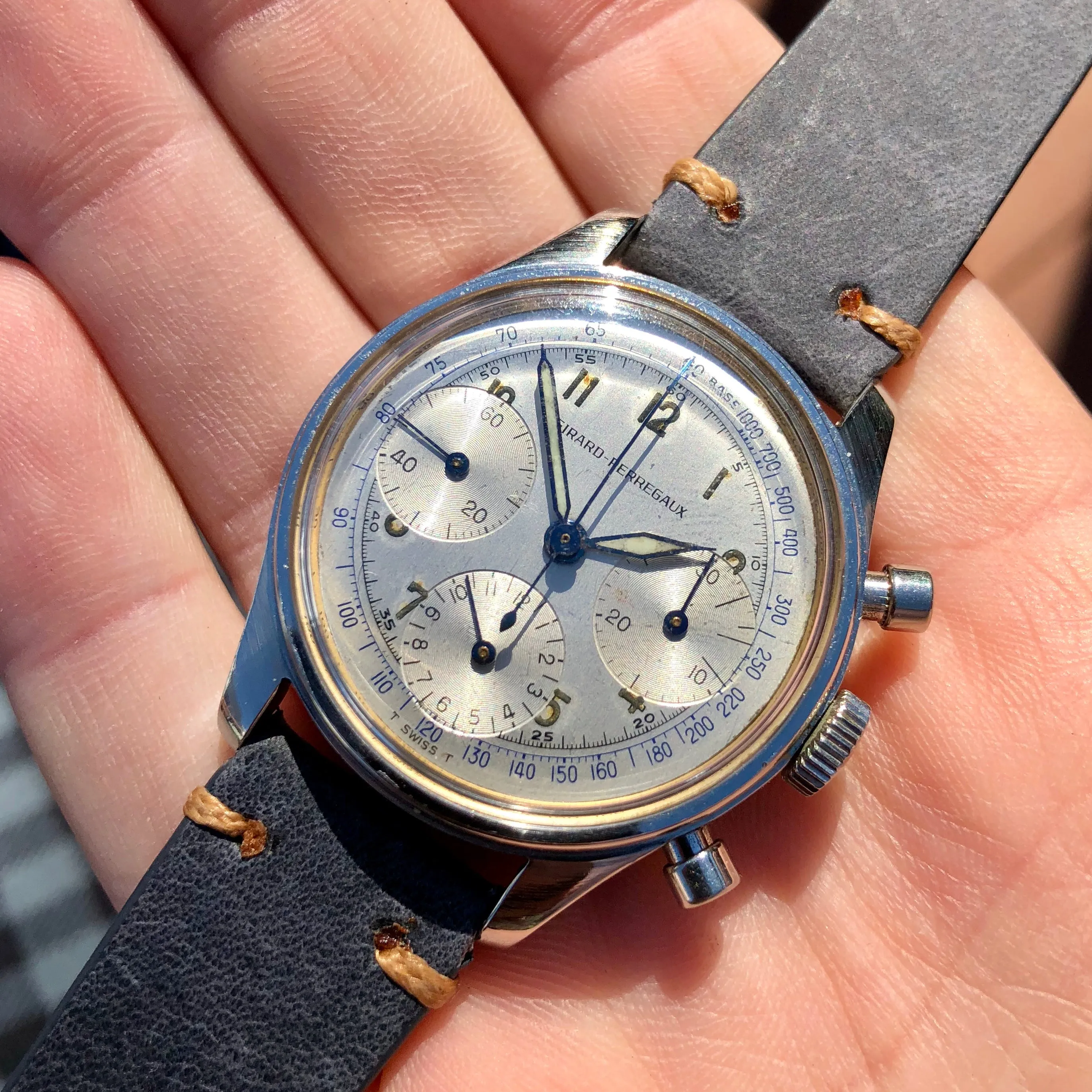 Vintage Girard Perregaux Steel Valjoux 72 Chronograph Silver Dial Wristwatch 1960s