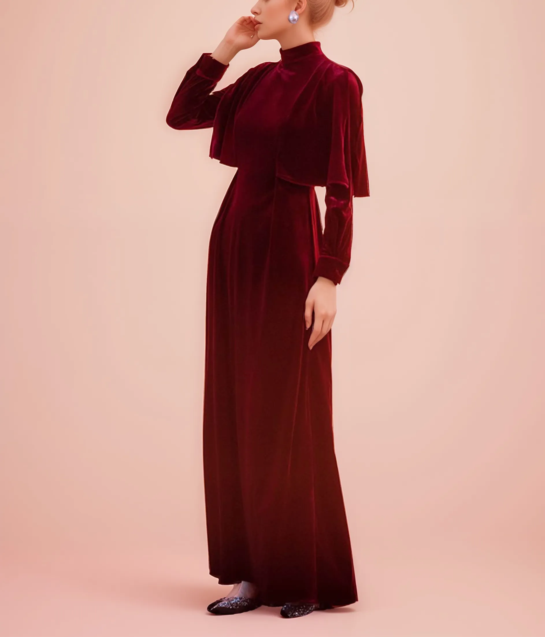 Vintage High Neck Ruffled Cape Long Sleeves A-line velvet prom dress