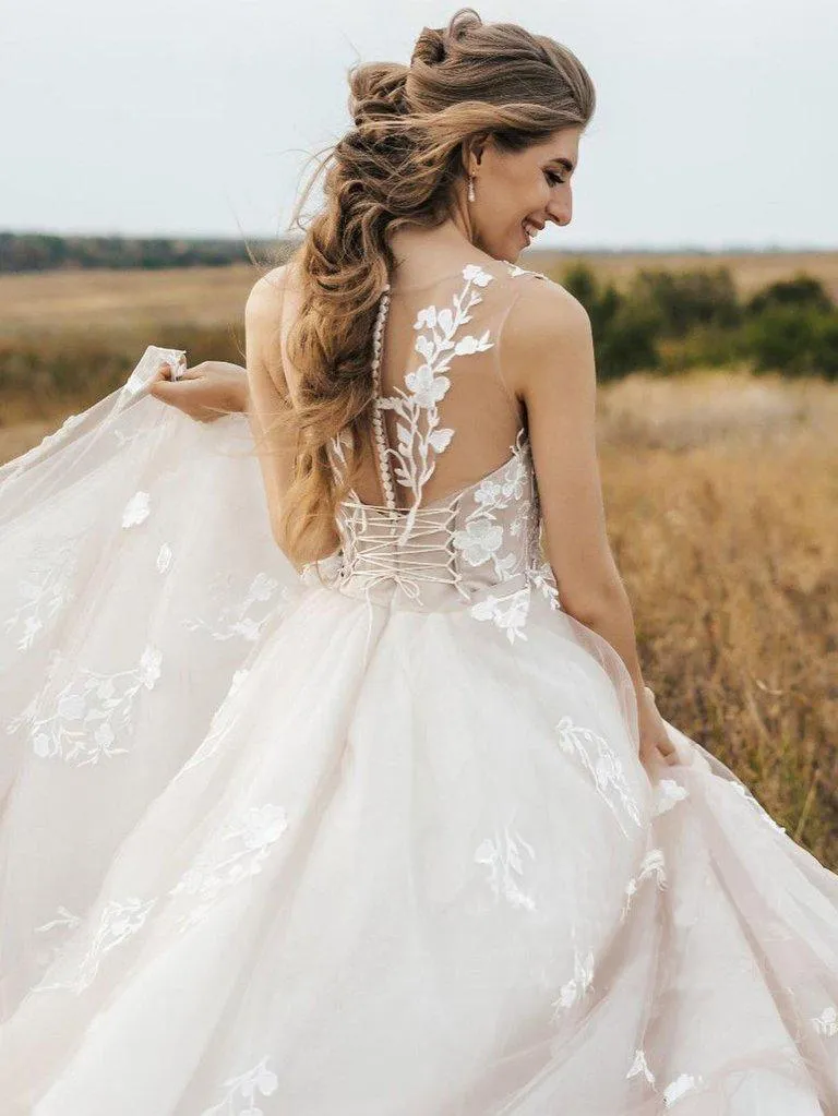 Vintage Lace Scoop Neckline A Line Tulle Wedding Gown Bridal Dress  TN263