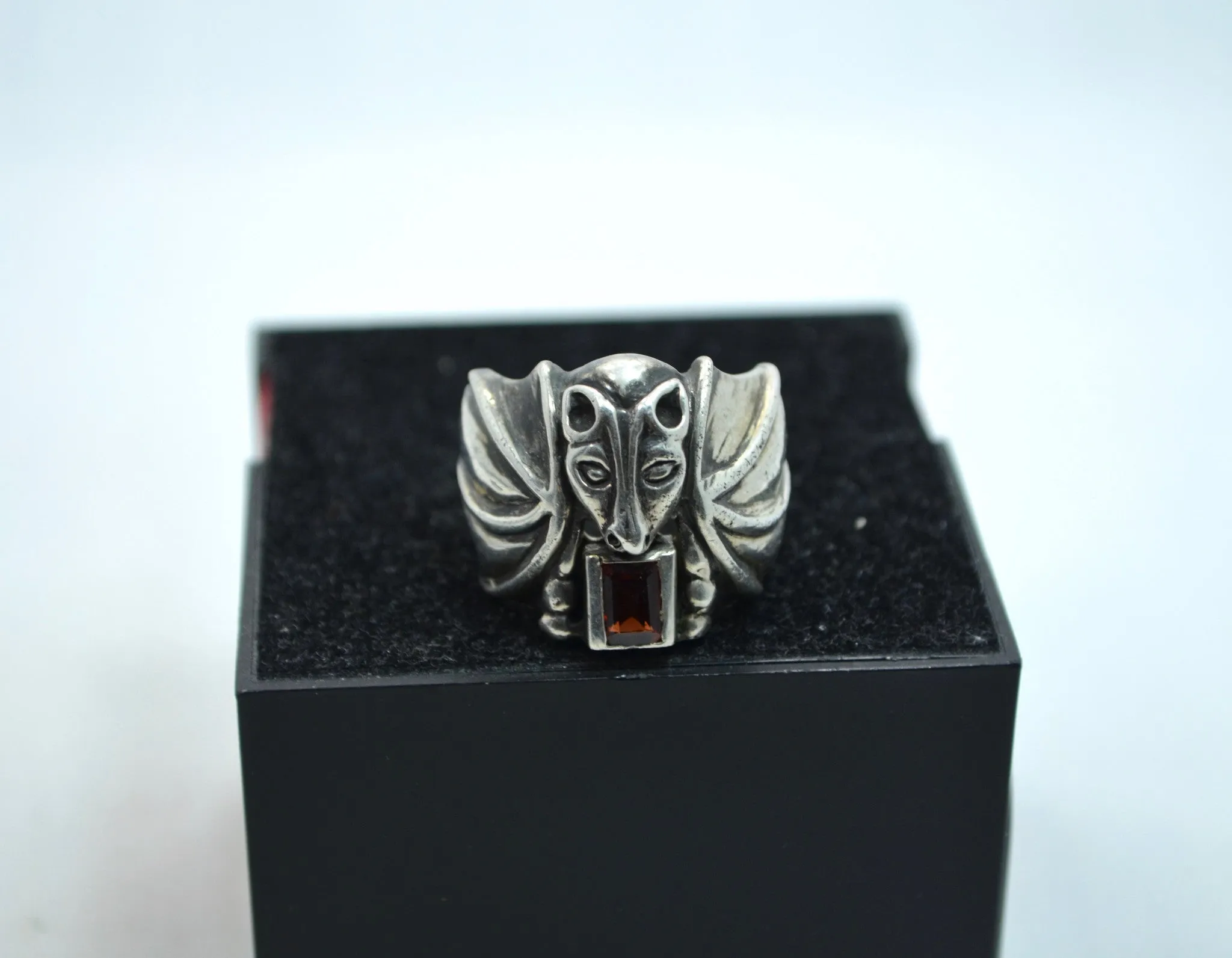 Vintage Large Mens Sterling Silver Flying Bat Smokey Quartz Ring