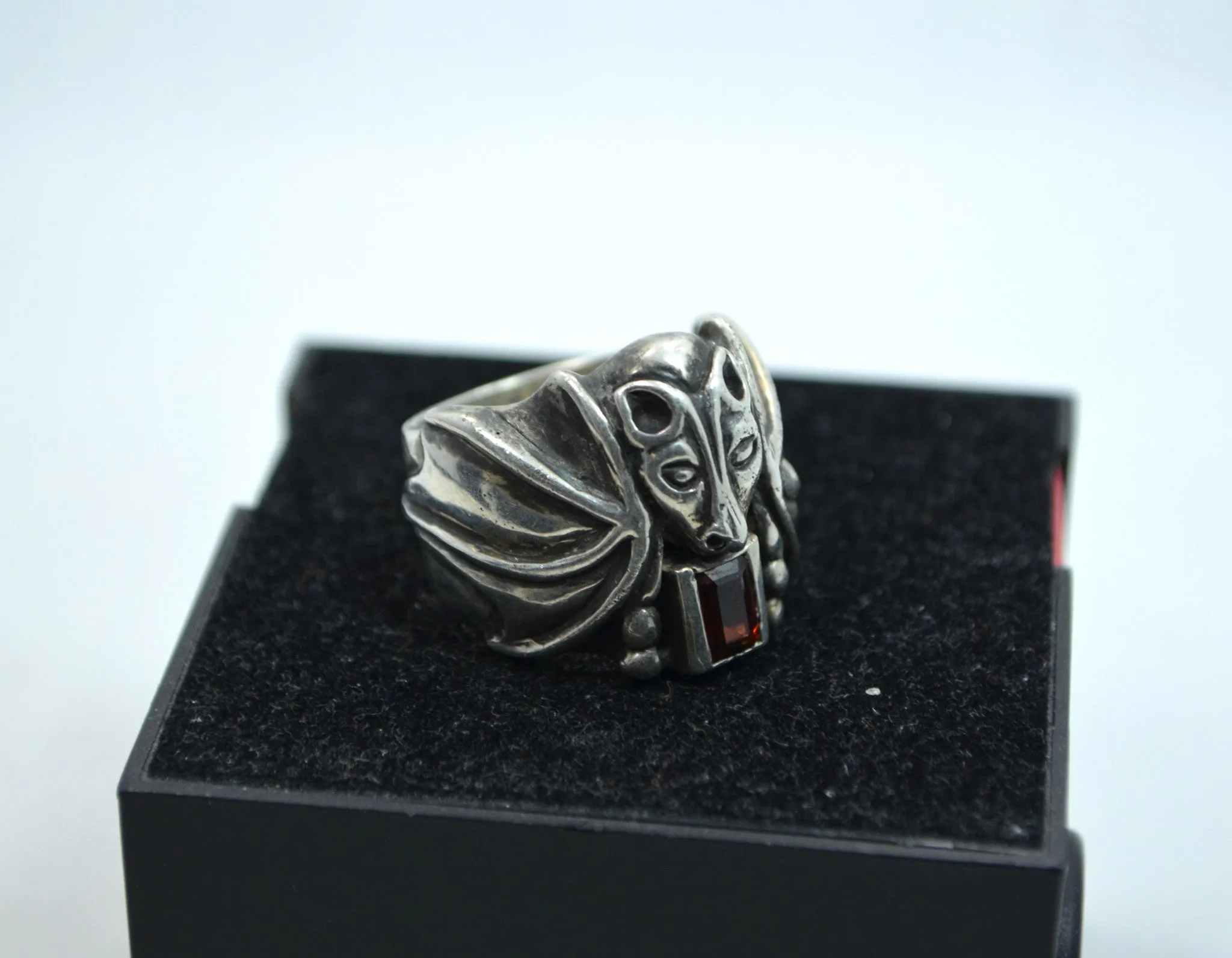 Vintage Large Mens Sterling Silver Flying Bat Smokey Quartz Ring