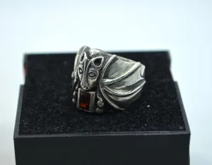 Vintage Large Mens Sterling Silver Flying Bat Smokey Quartz Ring