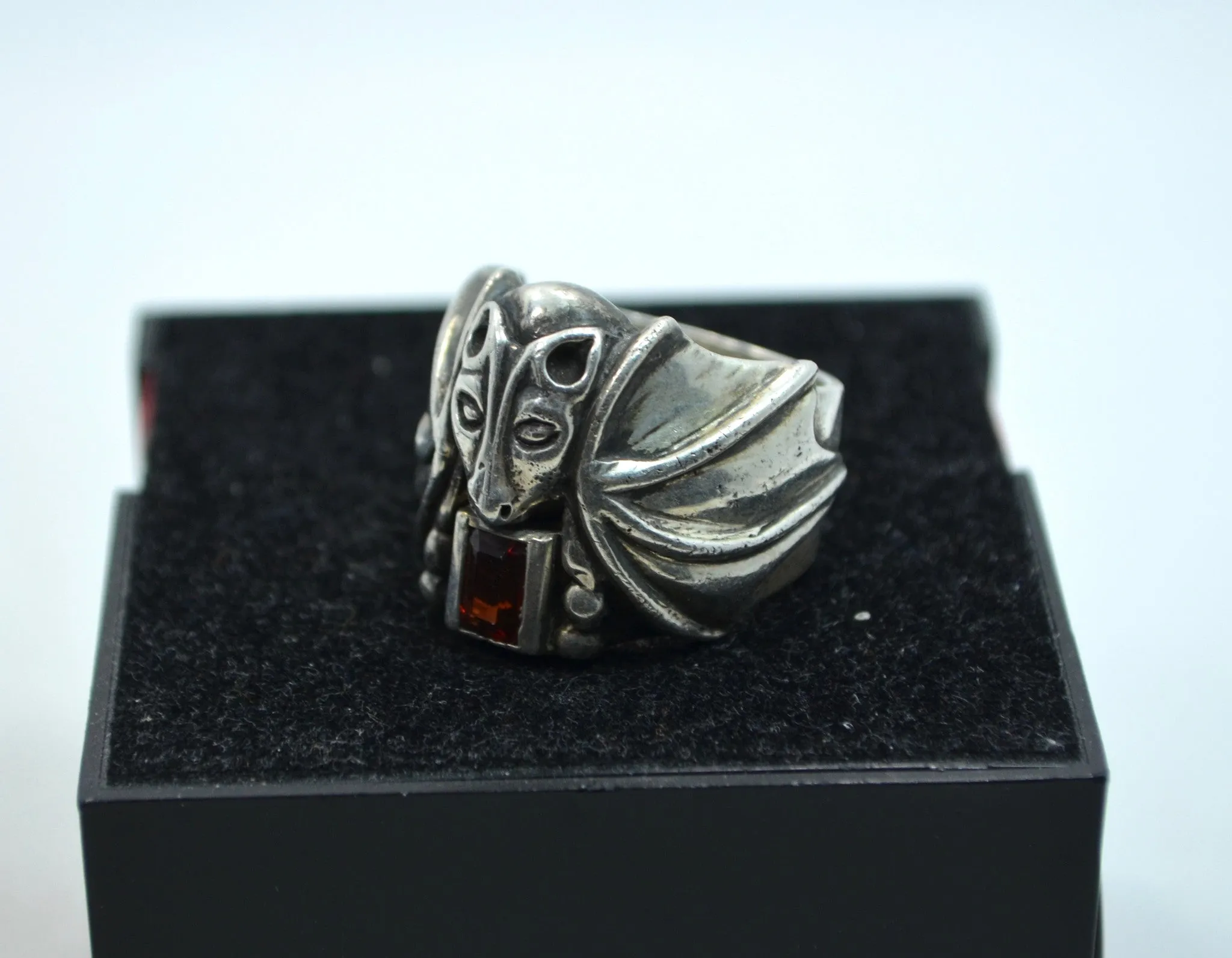 Vintage Large Mens Sterling Silver Flying Bat Smokey Quartz Ring