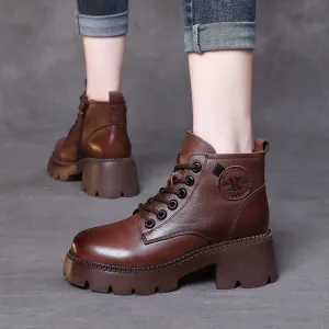 Vintage Leather Lace-up High-top Women's Boots Thick Heel Comfortable Women's Shoes