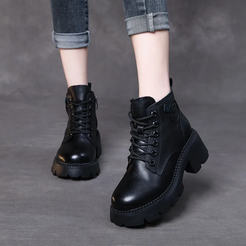Vintage Leather Lace-up High-top Women's Boots Thick Heel Comfortable Women's Shoes