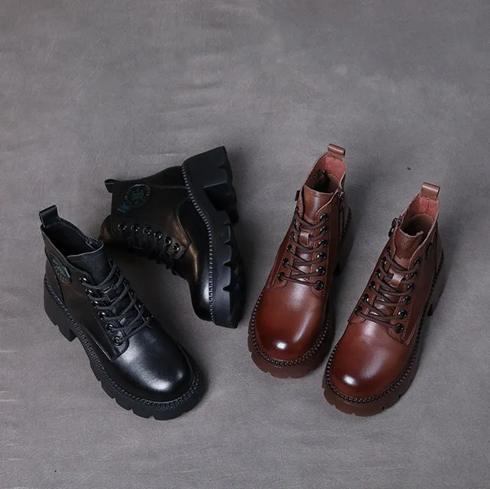 Vintage Leather Lace-up High-top Women's Boots Thick Heel Comfortable Women's Shoes